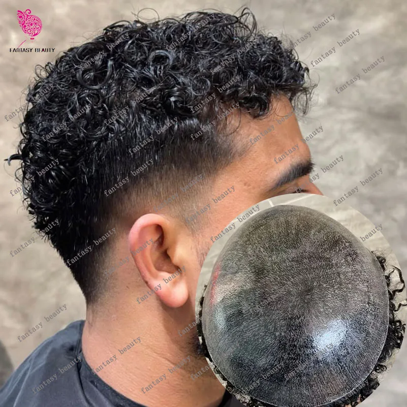

15mm Afro Curly Durable Invisible Transparent Skin Toupee African American Brown Human Hair Wigs Grey Black Capillary Prosthesis