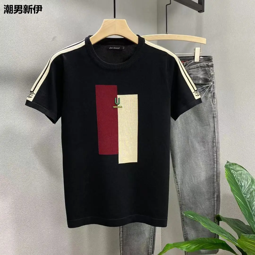 color matching embroidered short-sleeved sweater men's knitted T-shirt half-sleeved slim-fit thread-suit bottoming shirt