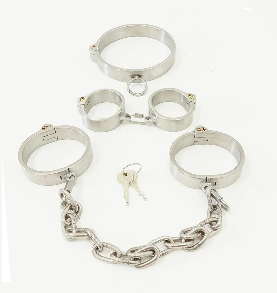 Aço inoxidável Restrições BDSM Bondage, Metal Neck Collar, Mão Ankle Cuffs Set, Cadeia Destacável, Jogos para Adultos, Brinquedos Sexuais para Casais