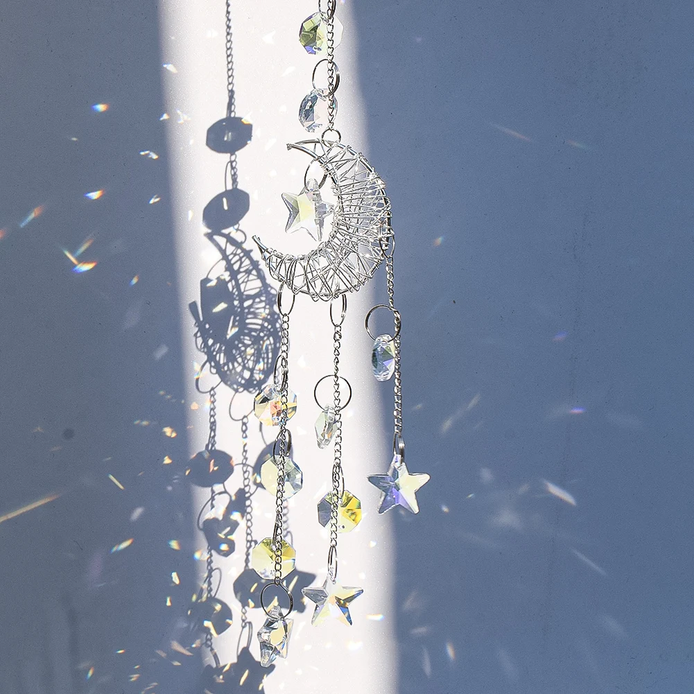 Moon Hanging Crystals Suncatcher Prism Wind Chimes Crescent Star Glass Bead Eye-catching Rainbow Maker Window Pendant Home Decor