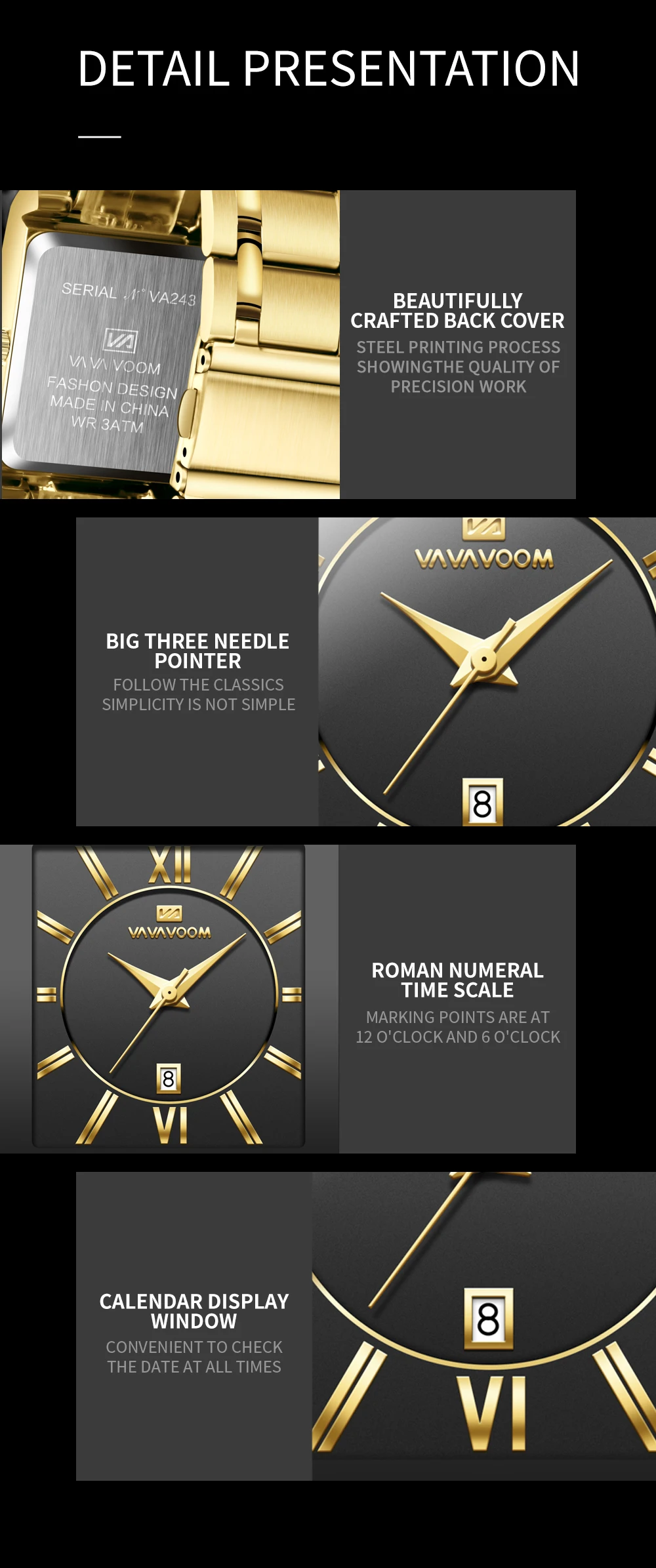 VA VA VOOM Relogio Masculino Watch Men Square Mens Watches Top Brand Luxury Golden Quartz Stainless Steel Waterproof Wrist Watch