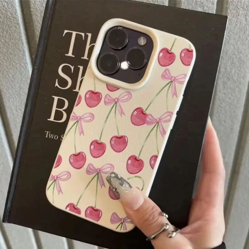 Picture 6: Full Screen Wine Red Cherry Pattern Lychee Texture Phone Case For iPhone 17 AIR 16 15 14 13 12 11 Pro MAX Plus Y2K Matte Cover