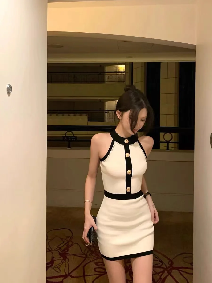 Sexy kleurblokkerende mouwloze vestjurk dames off-shoulder slanke heup bodycon witte korte mini-jurk