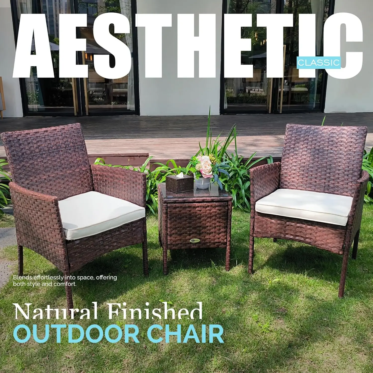 3-Piece Outdoor Patio Rattan Wicker Conversation Chairs & Coffee Table Set, Mix Brown, Customized