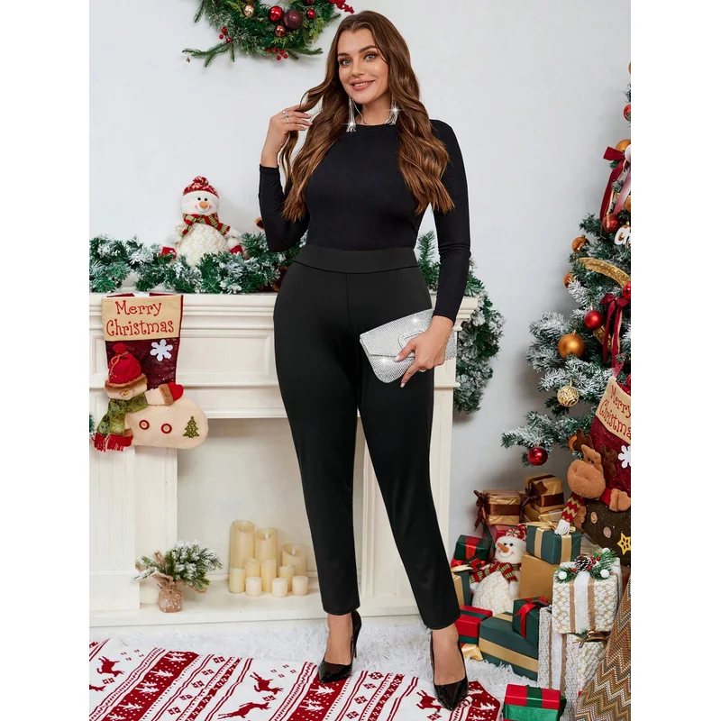 2025年ファッション スリムストレートパンツ レディース レギュラーウエスト ストレッチ 着痩せ効果 ブラック デイリー オフィス 通気性 パンツ