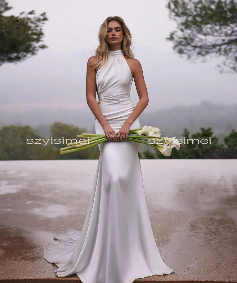 ホルターネックのウェディングドレス、コートトレイン、ノースリーブ、マーメイドライン、ブライダルドレス、ウェディング用、バックレス、ベスティドス・デ・ノビア、カスタムメイド