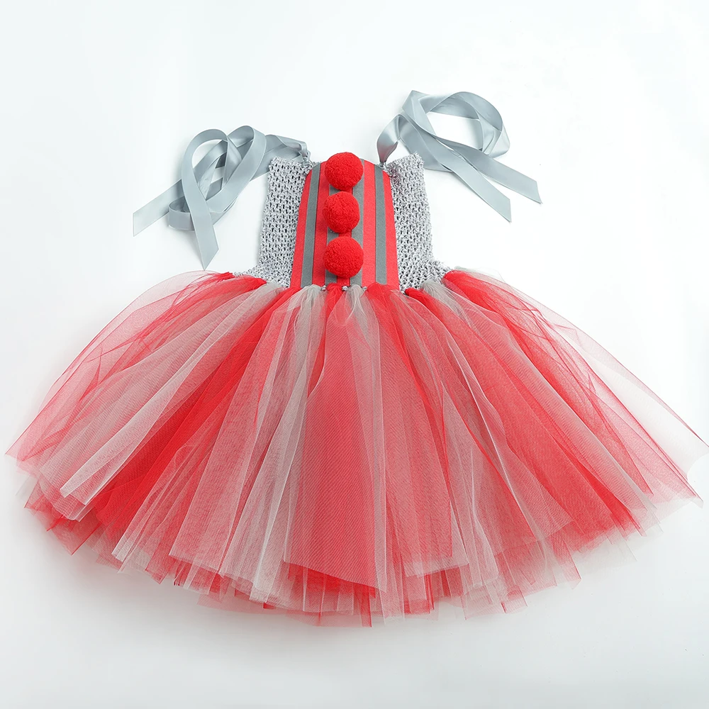 Girls It Clown Pennywise Costume Gray Red Tutu Dress Kids Halloween Creepy Clown Costumes Girl Carnival Party Dress Up Clothes