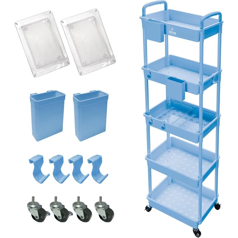 5-Tier Plastic Rolling Utility Cart with Handle, Lockable Caster Wheels 2 Bins 3 Hanging Baskets & 4 Hooks, Multi-Functional