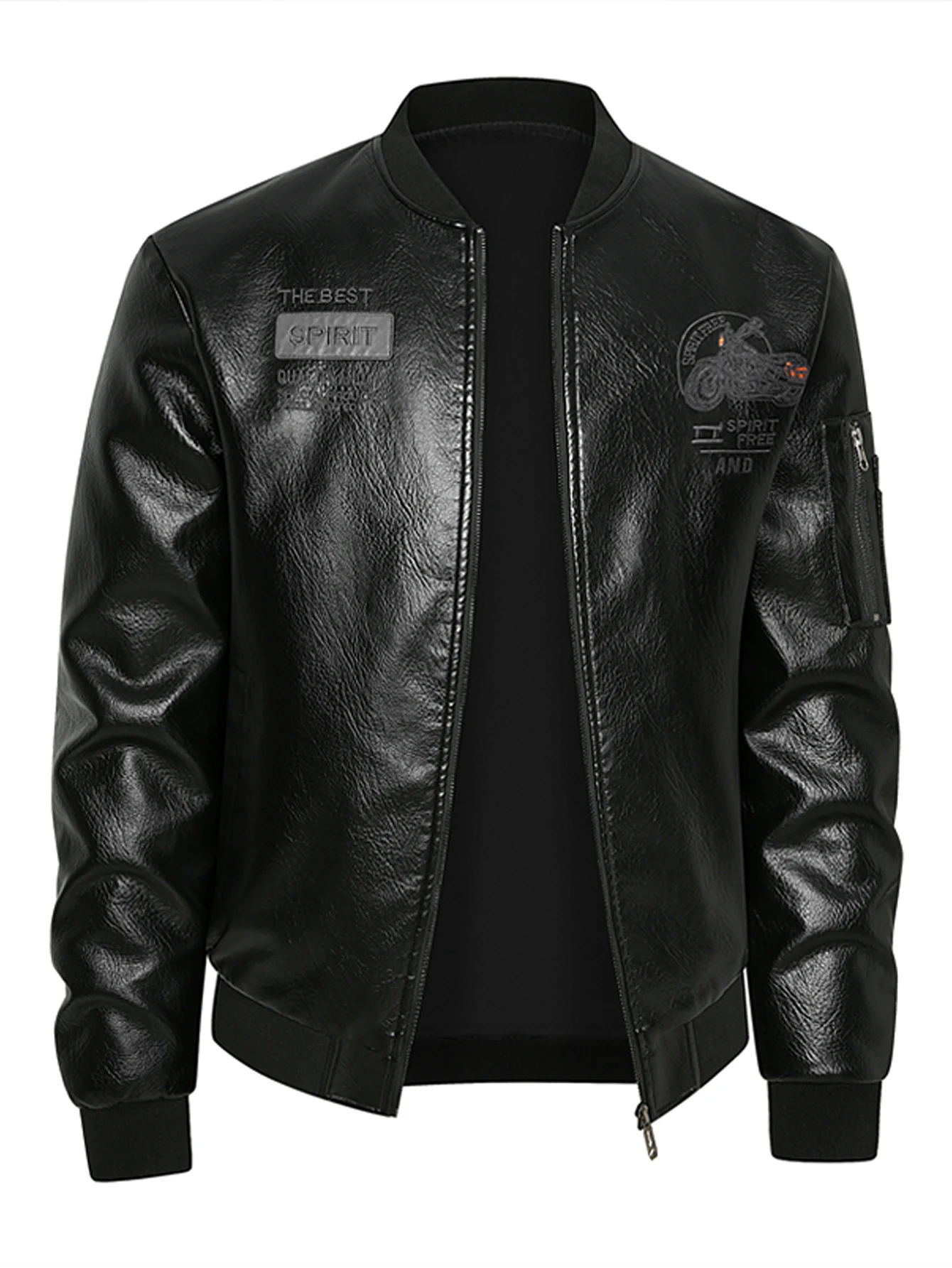 

Men's Casual Bomber Jacket with Motorcycle-Themed Shoulder Patches & Full-Zip Closure - Brown/Black Lightweight Spring/Fall Coat