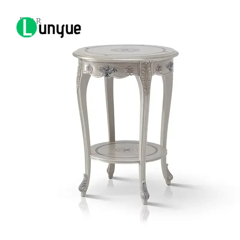 Luxury French Classic Carved Wooden Sofa Side Table Grey Round MDF Top Antique Corner End Table for Living Room Bedroom Decor