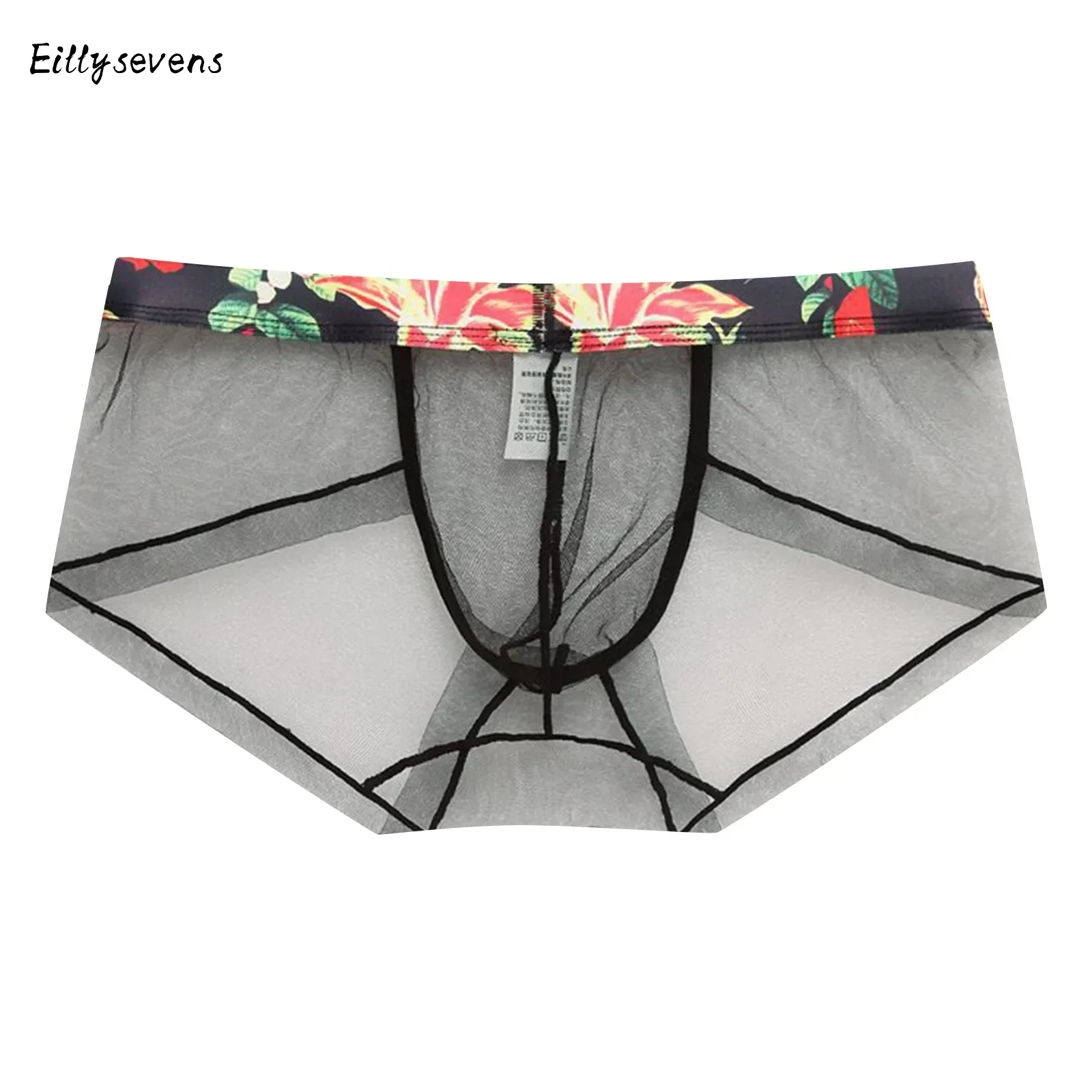 Men'S Sexy Exotic Boxers Underwear Mesh Splicing Retro Printed Waist Light And Thin Underwear Low Waist Transparent Sexy Panties