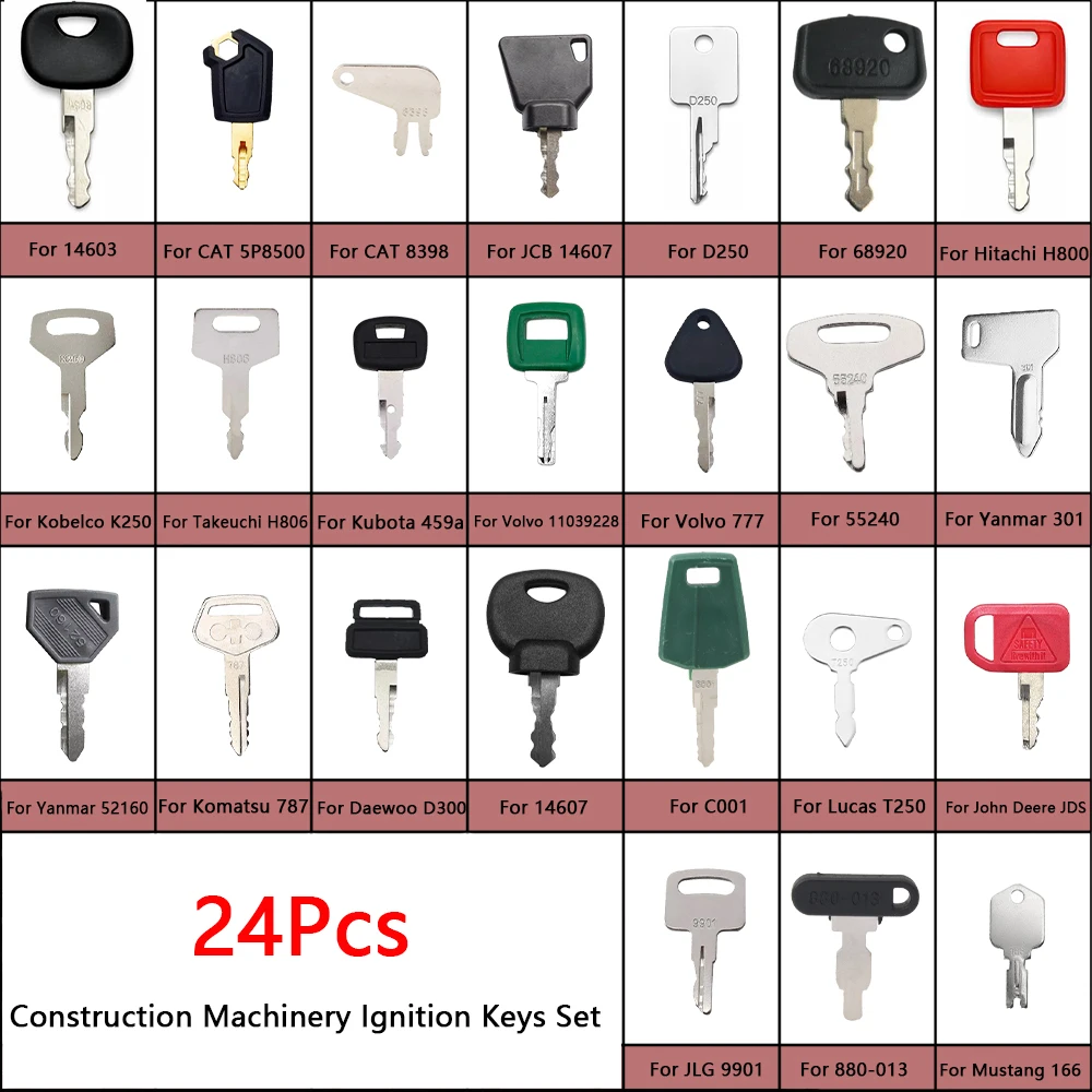 24Pcs Construction Ignition Keys Excavator For klift Loader CAT Komatsu Hitachi Volvo JCB Daewoo JLG Heavy Equipment Spare Parts