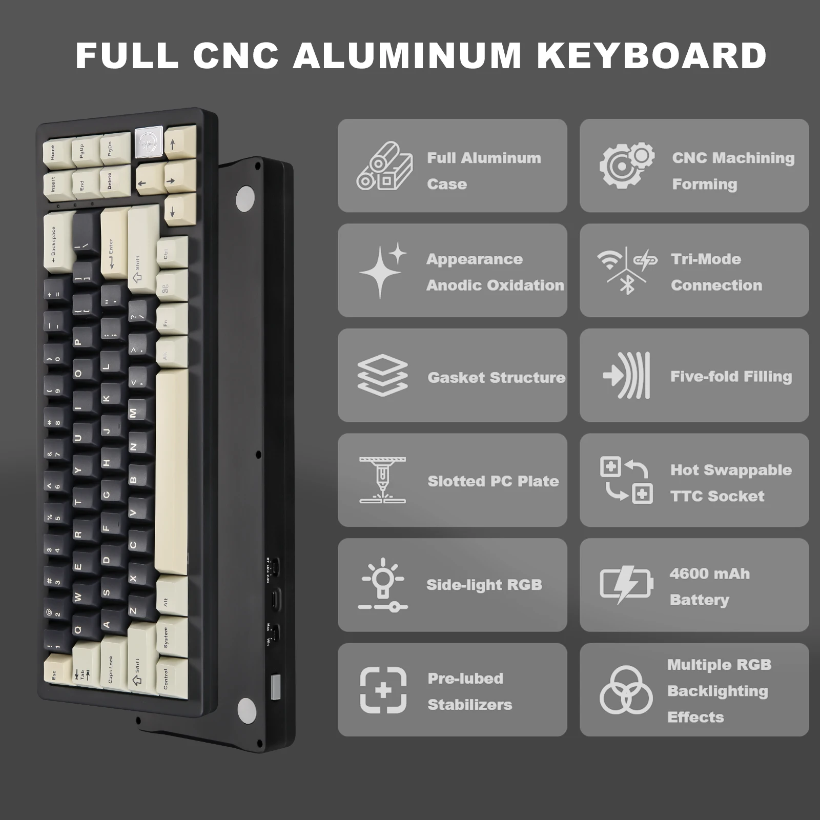 YUNZII AL71 Black 68% 71 Key Full CNC Aluminum Hot Swappable Gasket 2.4GHz Wireless BT5.0/USB-C Wired Mechanical Gaming Keyboard