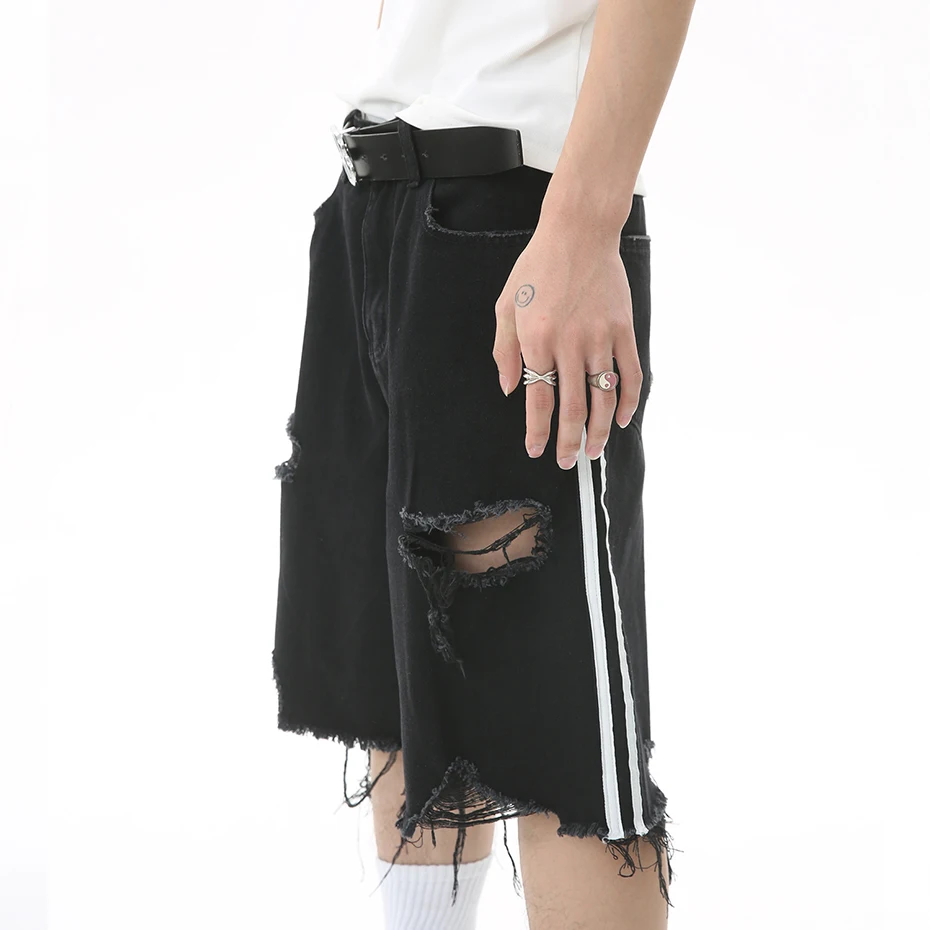 Side Striped Ripped Denim Shorts Fashion Distressed Tassel Black Jeans Shorts Men Summer Streetwear Harajuku Hip Hop Y2K Shorts