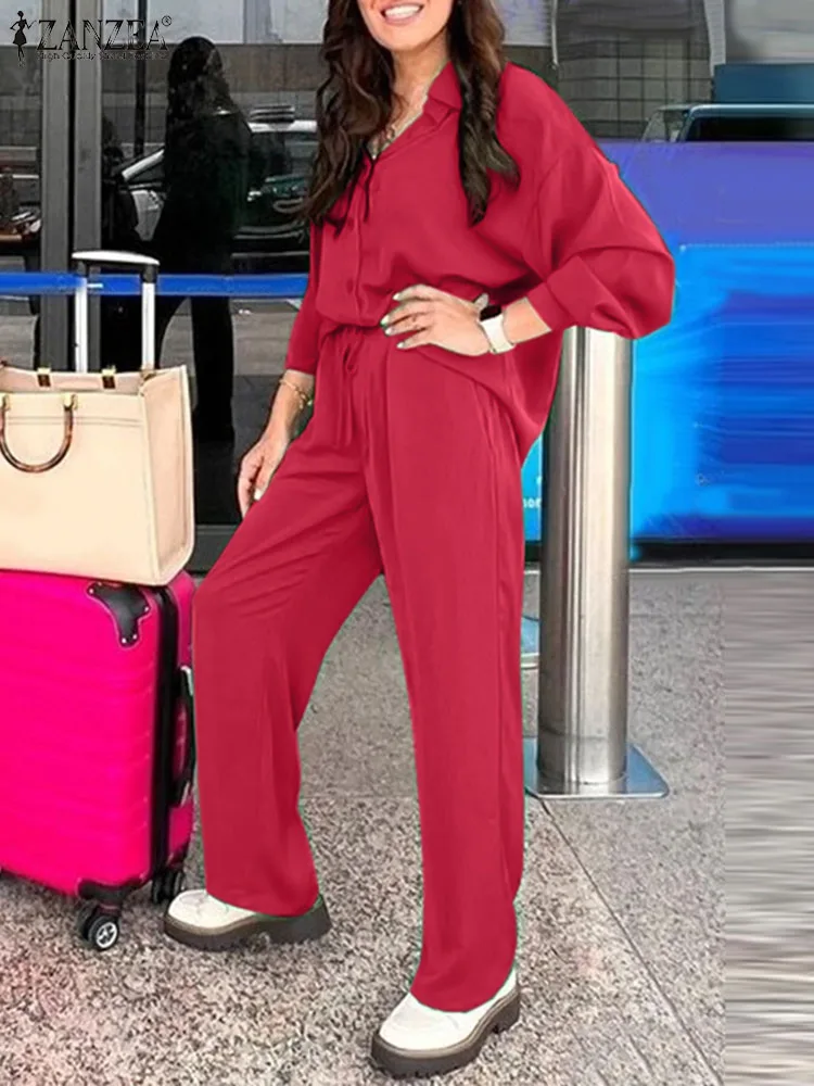 ZANZEA Womens Solid Pant Sets Pleated Outfits2023 Autumn 2PCS Long Sleeve Tops Wide Leg Trousers Suit Casual Satin Silky Set