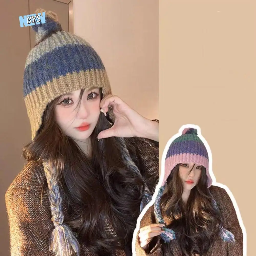 

Personality Woolen Knitted Hat Braided Keep Warm Striped Beanie Hat Korean Style All-match Ear Protection Hat Autumn/Winter