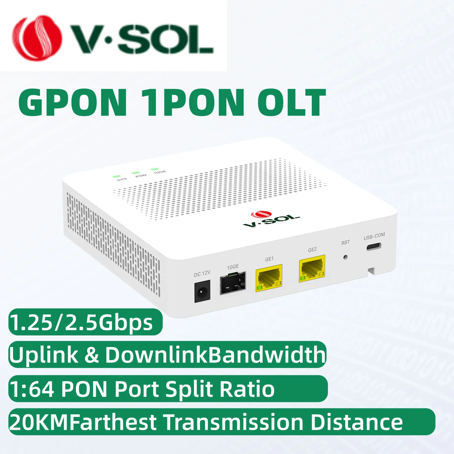 VSOL Mini GPON OLT Single PON 10GE(SFP+) Uplink | Split Ratio 1:64 | Fanless Model: V1600GS-R 20KM UPC