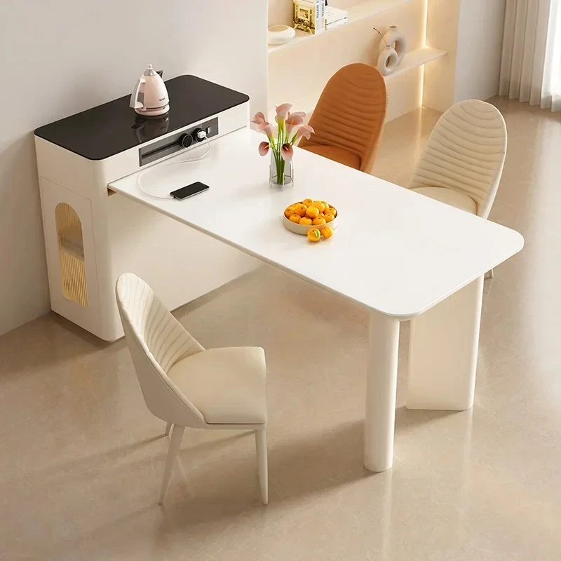 French small apartment island dining table integrated retractable rock slab simple modern home