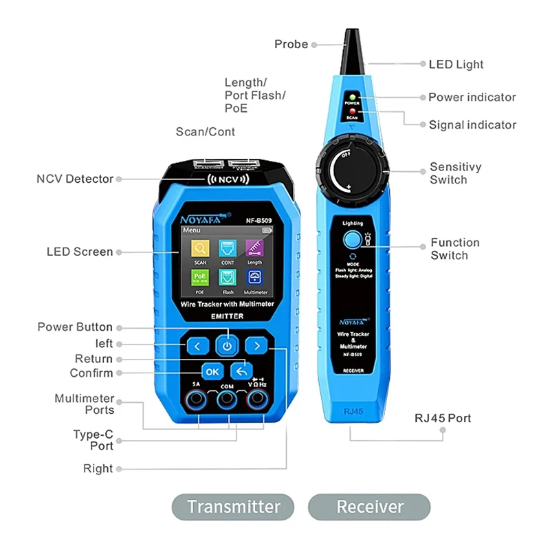 NOYAFA NF-B509 Network Cable Tester Multimeter Ethernet Cable Tester POE Tester Port Flashing NCV Anti-Burn AC DC Voltmete