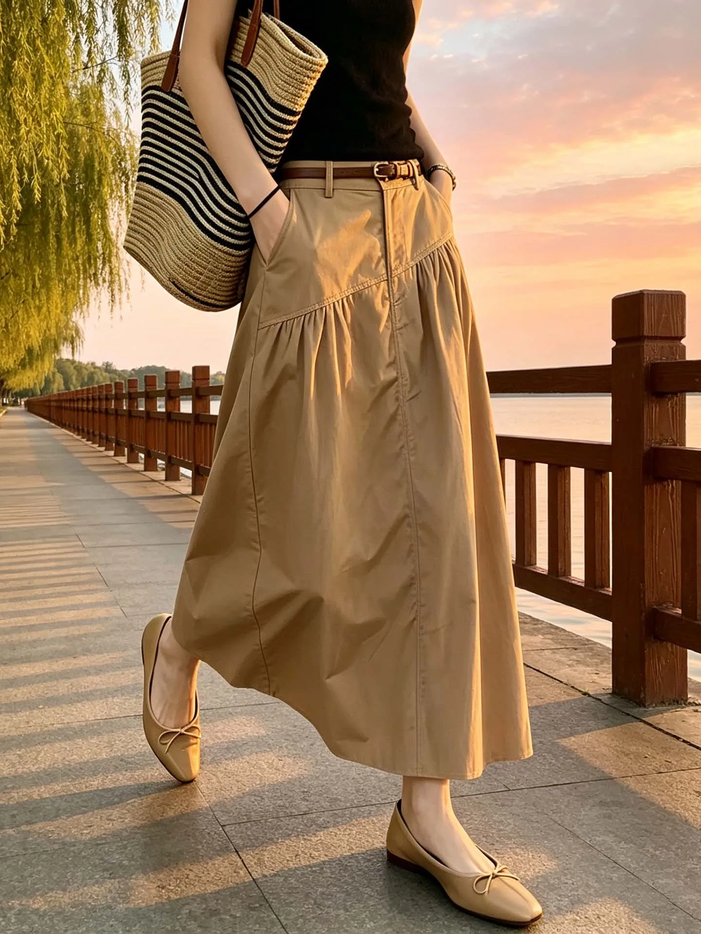 Korean Style Khaki A-Line Skirt Women's Summer New Elegant Cool Feeling Light Thin Big Swing Skirt Casual Cotton Blend