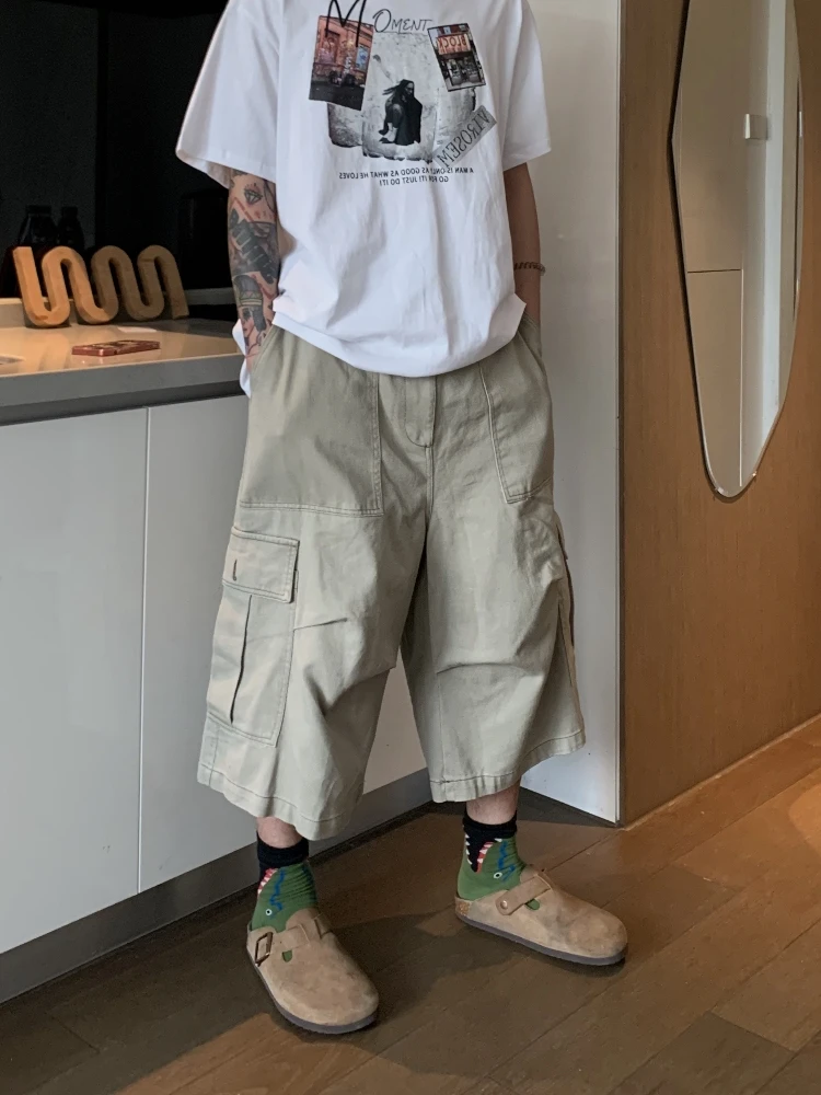 

Loose Fit American Retro Workwear Pants Men's Summer Trendy Brand Wide Leg ort orts with Big kets Youth Casual Trousers