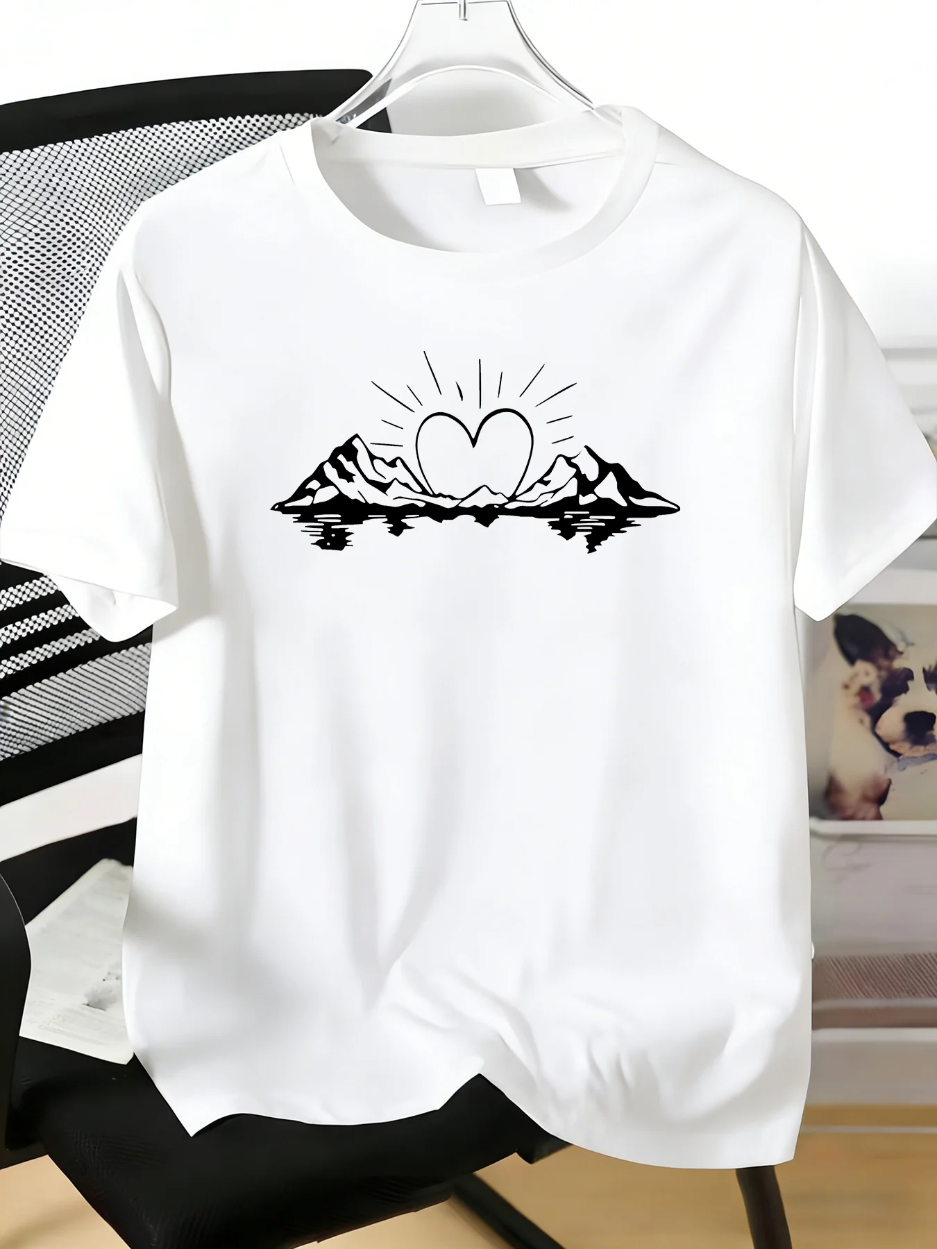 Mens Crew Neck Tee Mountain Heart Sunrise Water Reflection Print Light Short Sleeve Outdoor Summer Daily Casual Street Basic Top