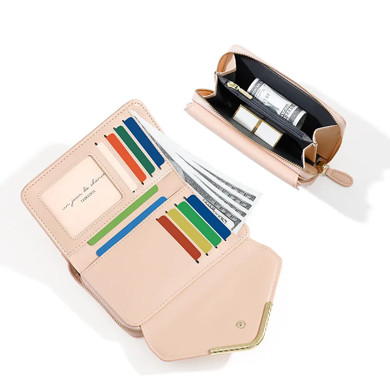 ElegantMid-Length Envelope Wallet for Women Simple Stylish PU Coin Card Holder with Zipper Multiple Card Slots International Tra