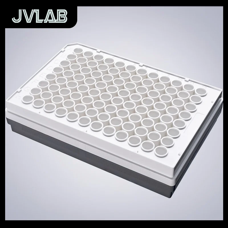 

96 Well Cell Culture Plate Sterilized Round Well Square Lid Wall Treated White Background Enzyme Free Lab Consumables JVLAB
