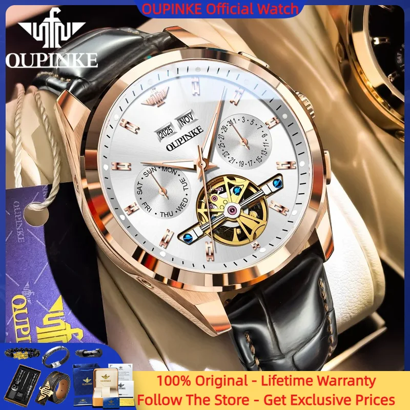 

OUPINKE 3291 Men Watch Business Comfort Leather Multi functional Timing Watch Luxury Brand Hollow Men Automatic Mechanical Watch