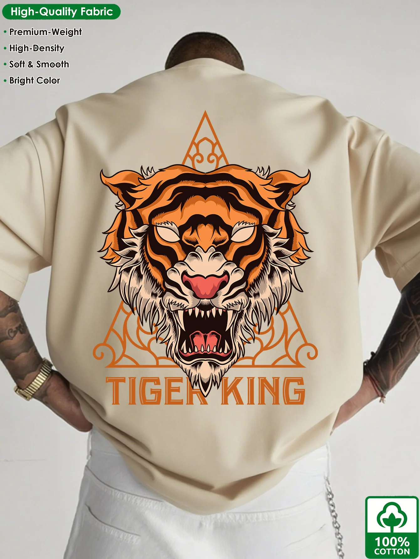 Sommer Herren 100% Baumwolle Tigerkopf-Druck Retro T-Shirt für Erwachsene Amerikanische Straßenmode Bequemer Trendiger Lässiger Stil