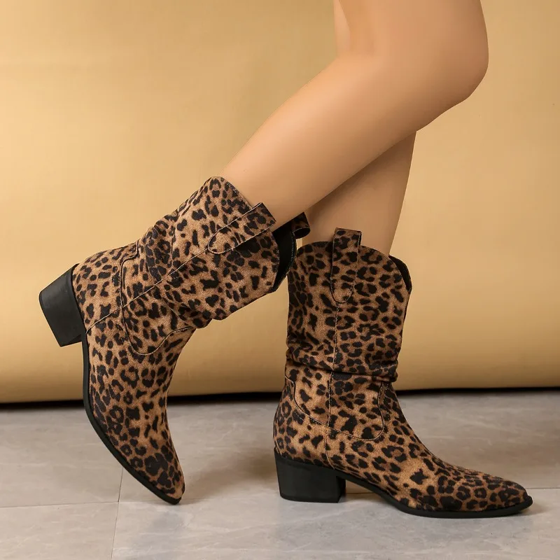 2025 النساء كعب سميك الأحذية الغربية النساء فو الجلد المدبوغ كعب مكتنز حذاء من الجلد الخريف جديد الخياطة الانزلاق على فارس الأحذية المدببة #5