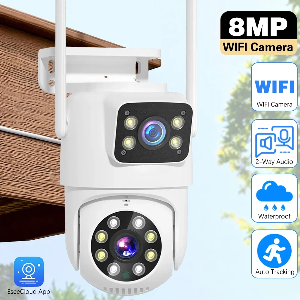 

4K 8MP EseeCloud Dual Lens WIFI Камера PTZ Открытый двойной экран Ai Автоматическое отслеживание человека 4MP Камера видеонаблюдения