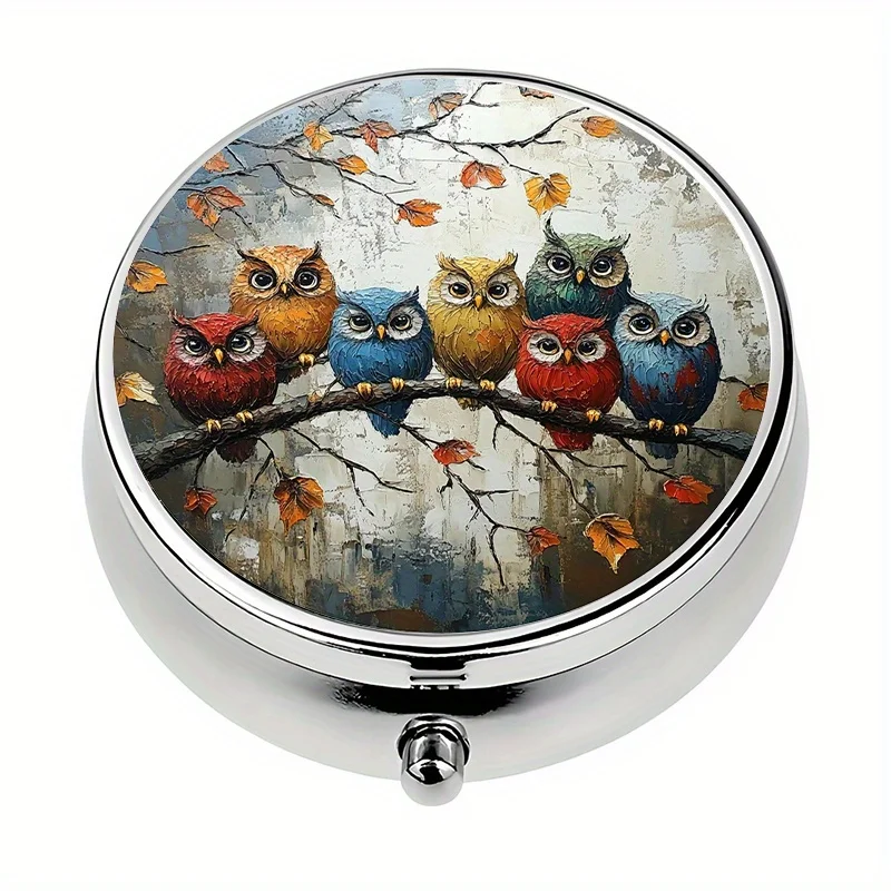 Single pack, flat, round three-compartment box, owl pattern design, can be placed in a wallet or bag, elegant and neat, can compactly store daily vitamins and supplements