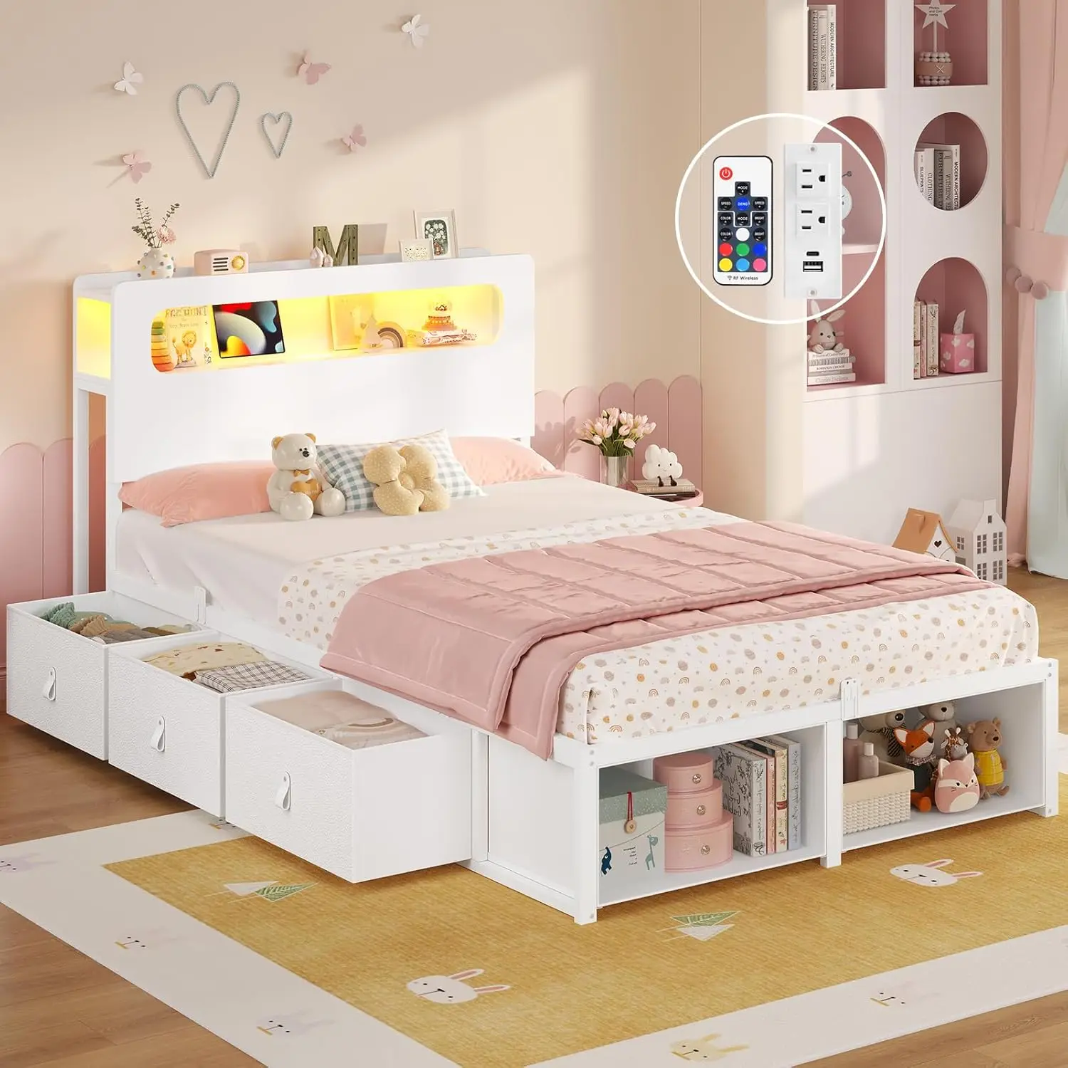 

Twin Bed Frame with 6 Storage Drawers 2 Tier LED Headboard Kids Girls Bed with Power Outlets RGB Lights 2 Footboard Cubbies