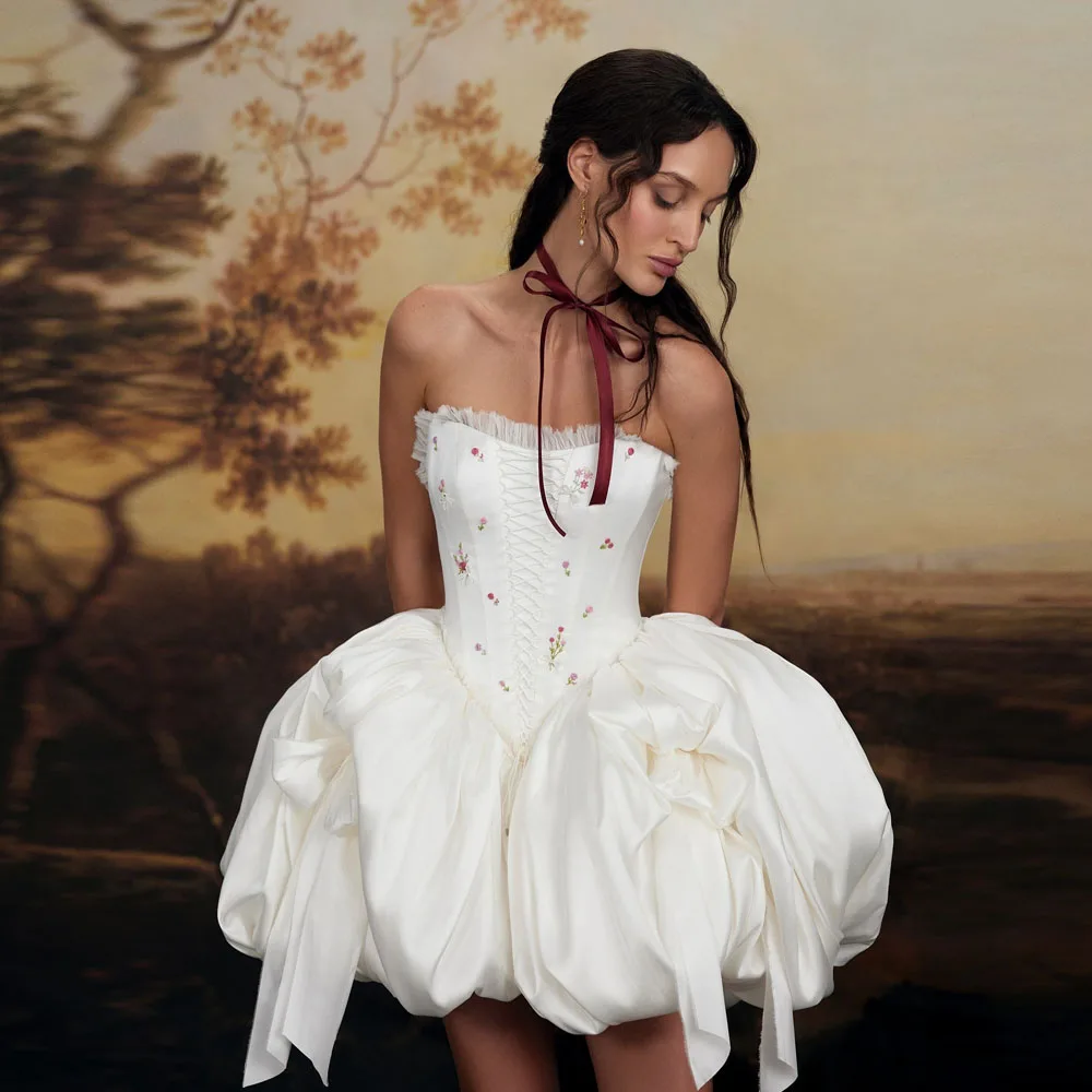 

Beautiful Ivory Bubble Short Formal Dresses With Lace Up Sweetheart A-line Mini Bridal Dress Wedding Short Dress