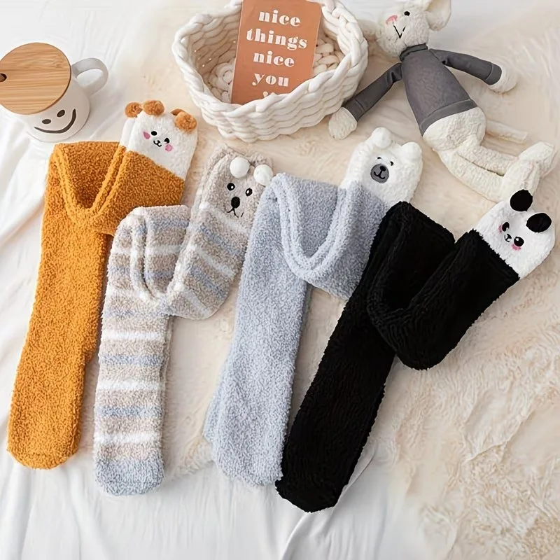 Cute Cartoon Over Knee Socks Women Warm Coral Fleece Thigh High Stockings with Santa Bear Designs Soft Cozy Winter Leg Warmers
