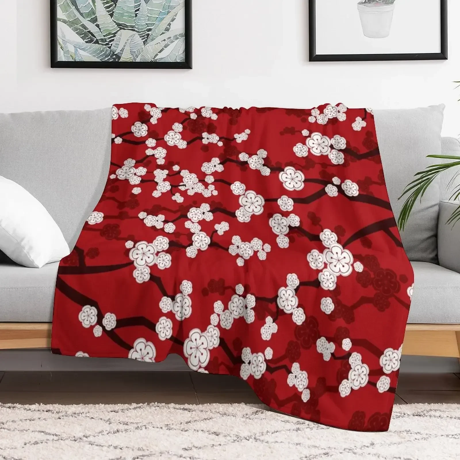 

White Oriental Cherry Blossoms On Red | Zen Japanese Sakura Flowers  fatfatin Throw Blanket Hairy Flannels manga Blankets