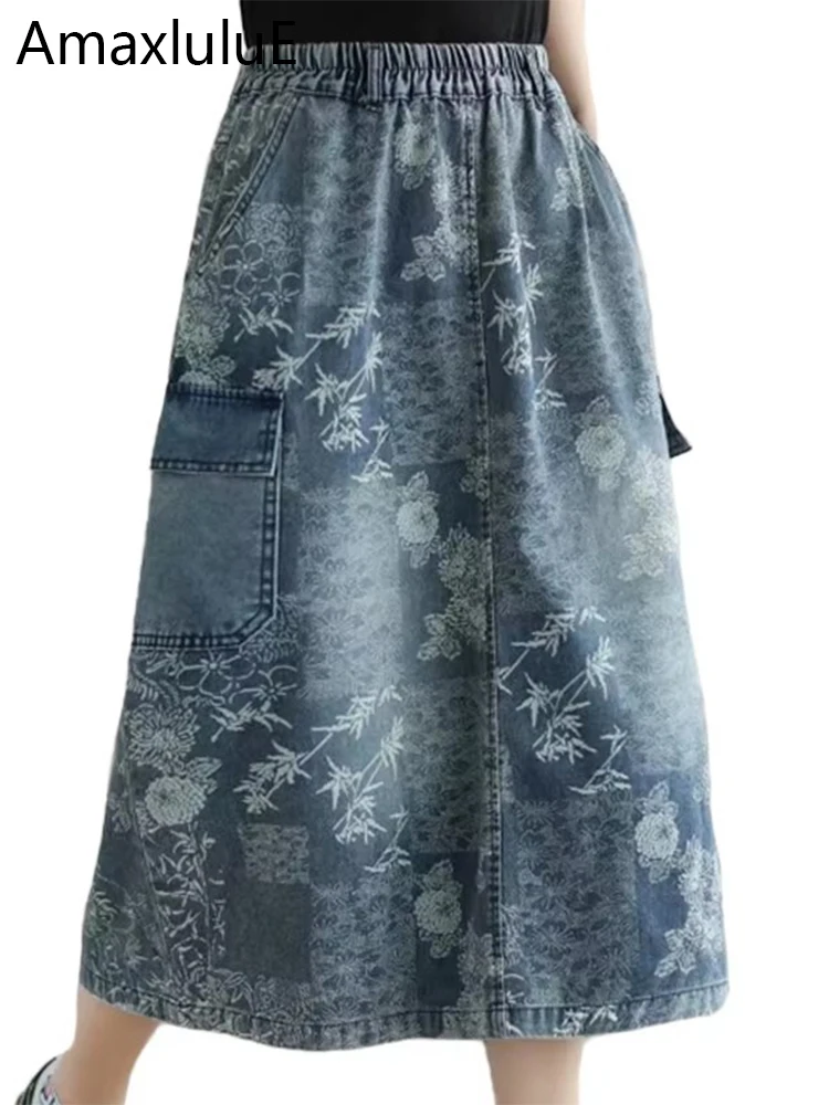 Amax luluE British 2024 Summer New Fashion Women Denim Printed Skirts Ladies Elastic Loose Skirt Female Casual Vintage Clothing