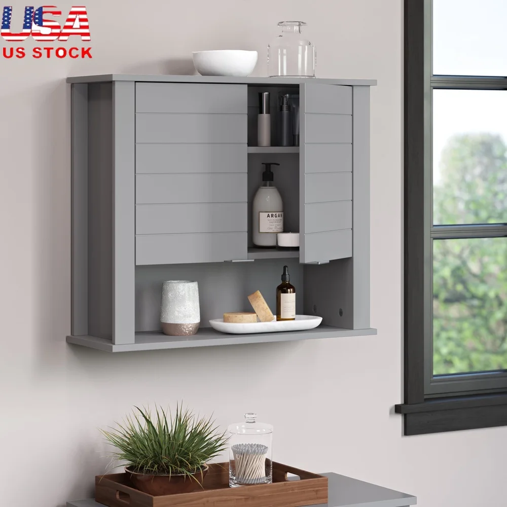 

Wall Mount Bathroom Cabinet with Adjustable Shelves Modern Storage Solution Toiletries and Hand Towels Gray MDF Construction