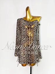 Neondancer New Women's Latin Dance Training Outfit Leopard Print Mesh Long-Sleeved Dress Loose-Fitting Training Outfit