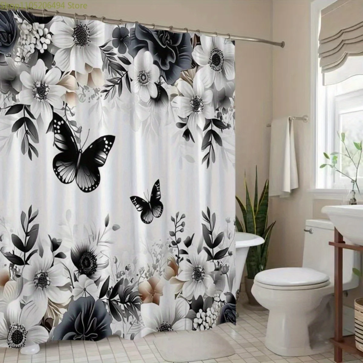 

1pc of Black And White Floral And Butterfly Patterned Polyester Shower Curtain for Home Decoration, Printed Curtain That Does