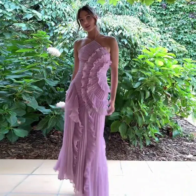 Women\'s Pleated Lotus Leaf Edge Halter Dress Sweet Backless Sleeveless Party Dresses Stylish Girl 2026 New Trend Holiday Clothes