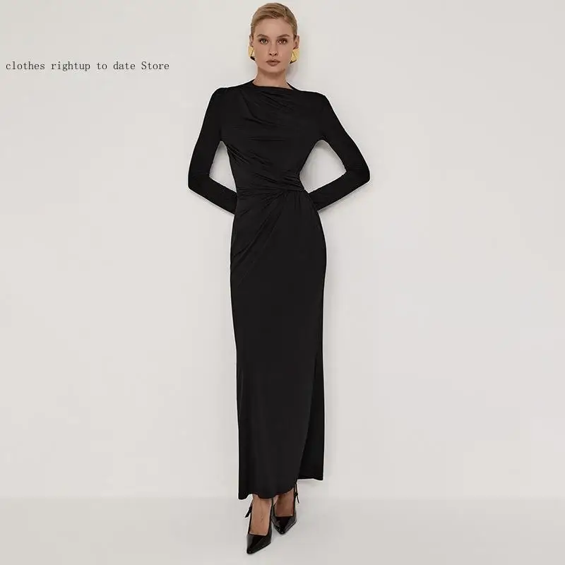 Spring and Autumn European and American Pure Color Waist Shrink Fold Long Sleeve Intellectually Elegant Long Dress for Women