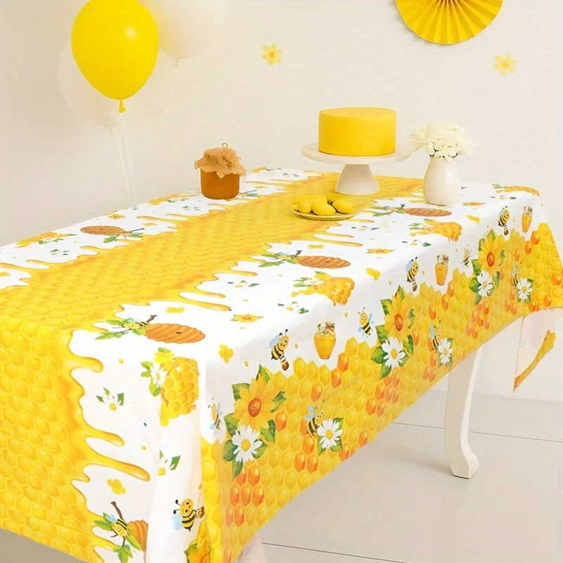 1Pc Honey Bee Pattern Tablecloth Yellow Floral Print Table Cover For Birthday Party Wedding Banquet Decor Rectangular