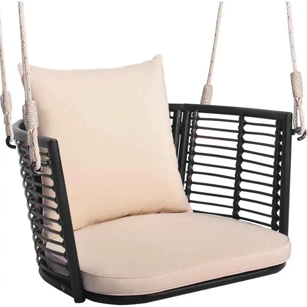 

Outdoor Metal Porch Swing, Single Person Hanging Seat w/Woven Rattan Backrest, 2 Sturdy Hanging Ropes, Seat & Back Cush