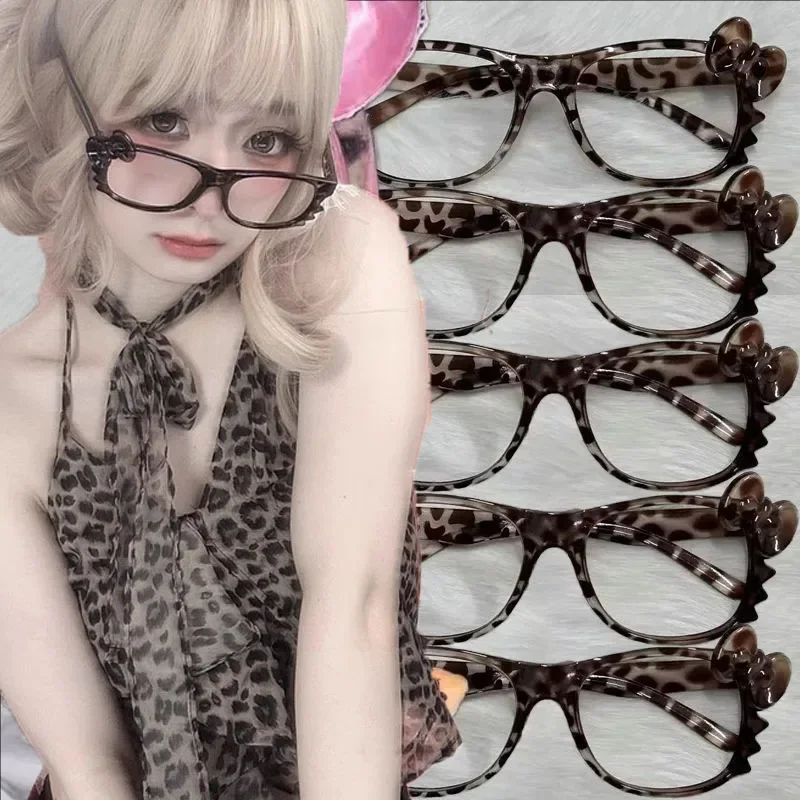 Y2K Hello Kitty Eyeglass Frame Anime Leopard Print Eyeglass Frame Kawaii Retro Glasses Cartoon Cute Eyewear Decorative Toys Gift