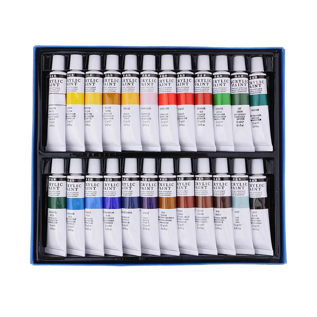 24 ACRYLIC COLOR 12 Brush Set With Wood SET Painting Tools