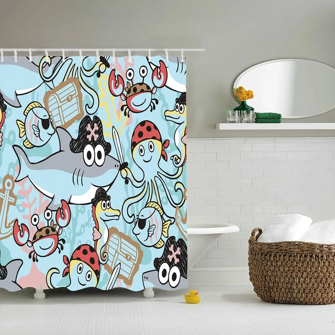 Funny Ocean Animals Shower Curtain for Kids Teens Bathroom Decor with 12 Plastic Hooks 72 x 72 Inch