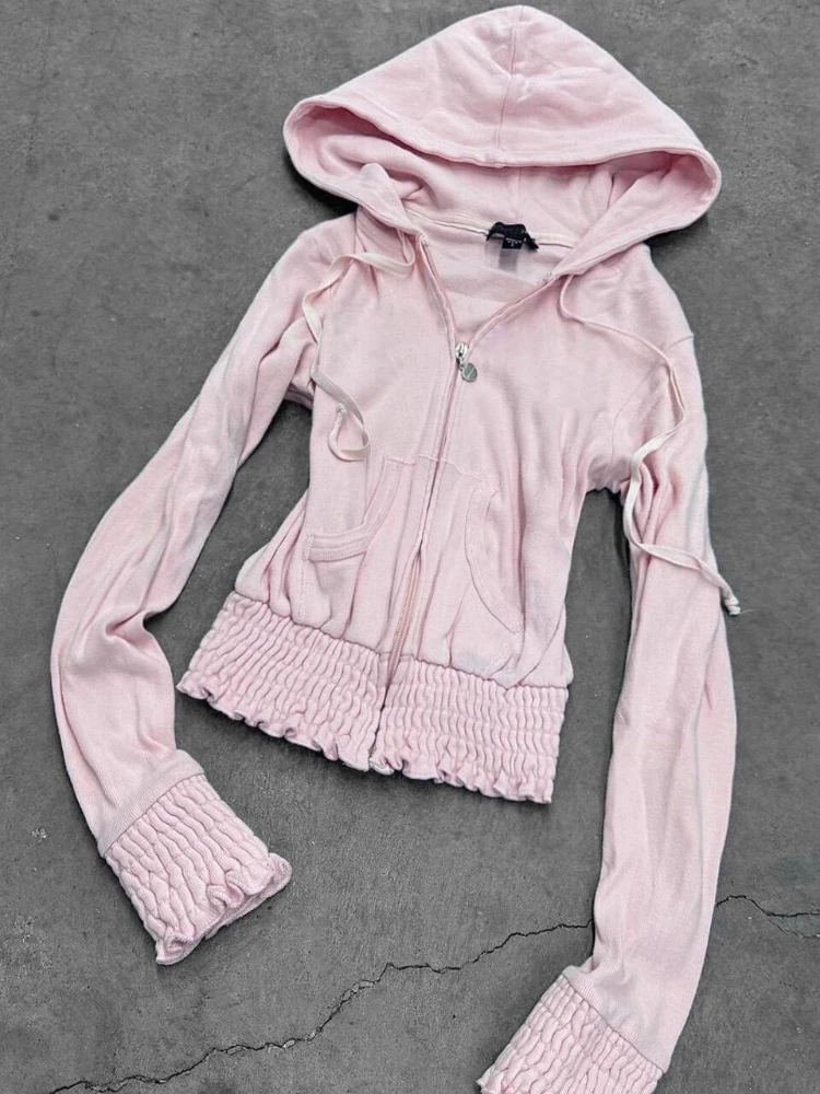 Korean Fashion Casual Pink Pants Set Hooded Zip Jacket + High Waist Pants New Design Aesthetic Sweatsuit Slim Sweet Outfits 2025