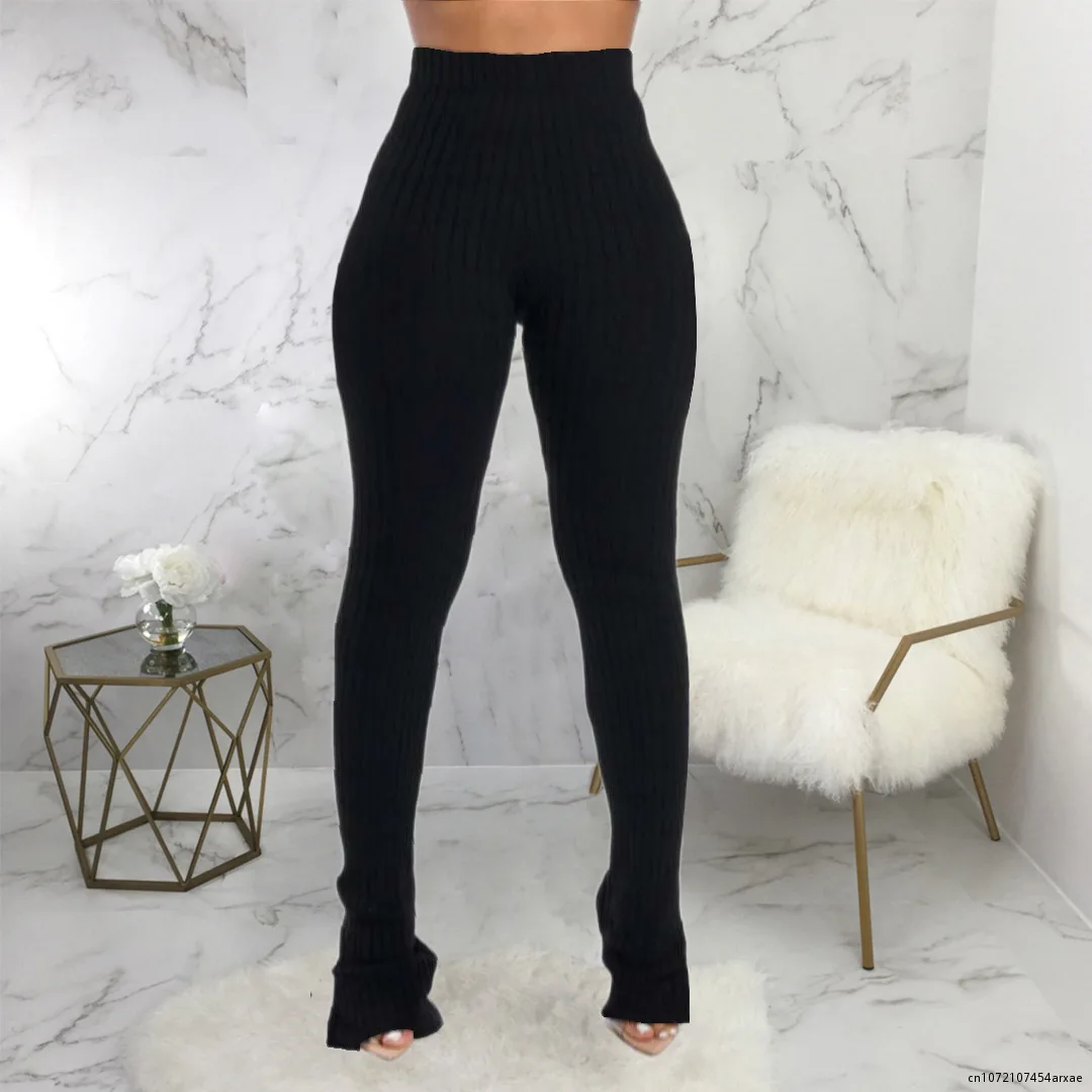 Autumn Winter Knitted Side Slit Pants Capris Women Fashion Solid High Waist Long Trousers Elastic Bell Bottom Sweatpants